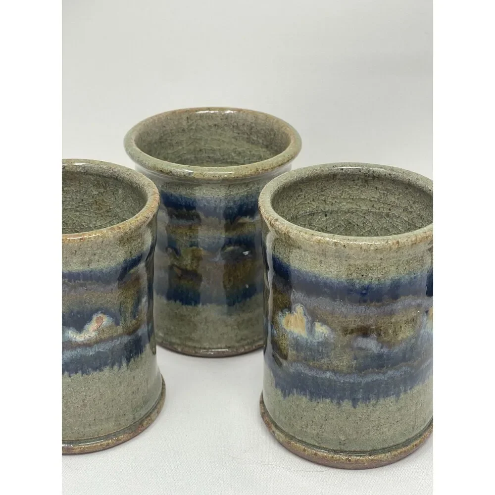 Pottery Air Plant/Vase/Mug Cup Ceramic Clay Handmade Blue Grey Set of 3 Signed